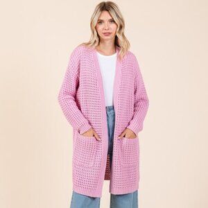 Pink Open Front Long Sleeve Longline Cardigan